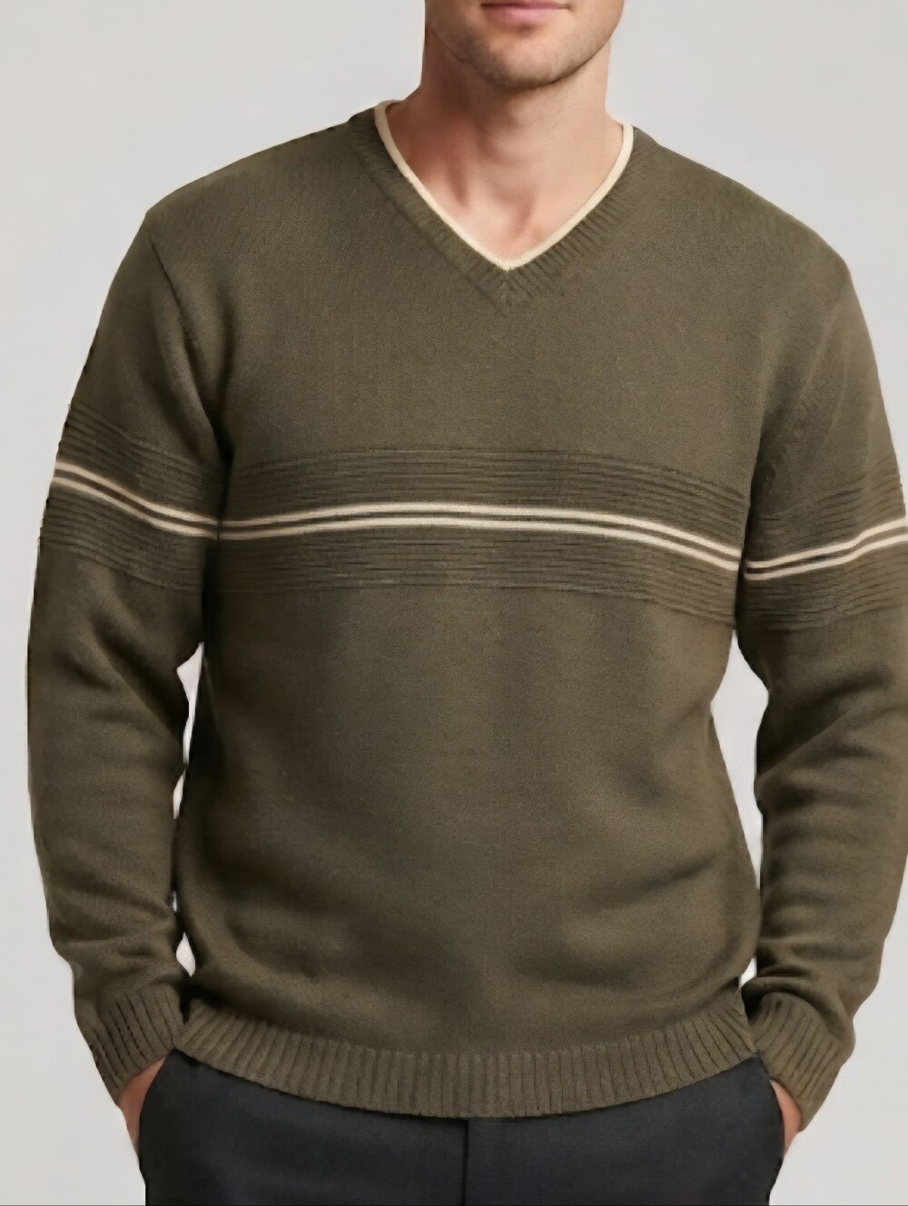 Extreme Gear Olive Green/ Gray Striped V-Neck Knit Sweater Men's L